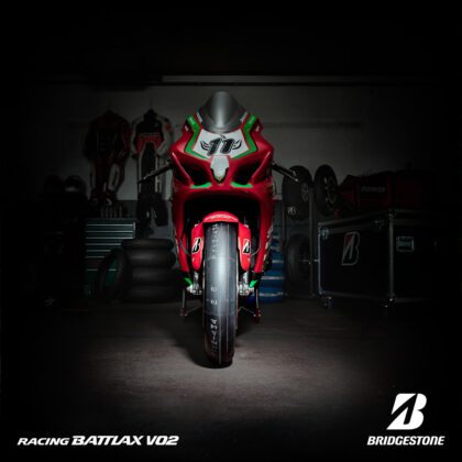 Suzuki motorcycle with Bridgestone tyres in front angle
